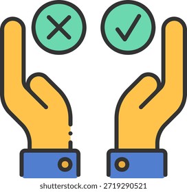 Manos que sostienen la marca de verificación y el icono de la cruz