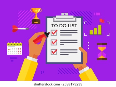 Manos sosteniendo un Portapapeles de lista de verificación con tres tareas verificadas. Incluye trofeo, dardo, calendario, gráfico de barras y reloj de arena. Ideal para la productividad, la gestión de tareas, la fijación de objetivos, la gestión del tiempo y