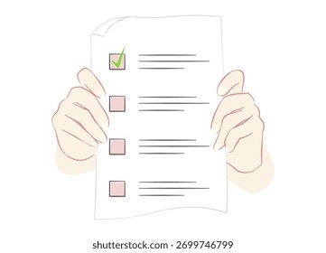 hands holding a checklist form with a marked checkbox. Ideal for task management, voting, survey, organization, and productivity themes