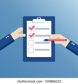 Hands holding a checklist and a marker to mark the completed ones. The businessman puts a tick in the form. Icon flat style vector illustration. Business concept planning