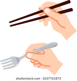 Hands holding chopsticks and fork