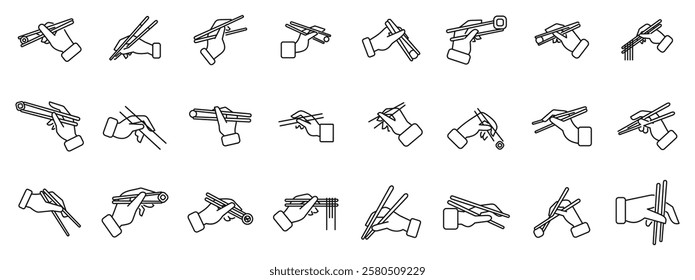  Hands holding chopsticks icons set. Various ways of holding chopsticks while eating demonstrated in a minimal icon set