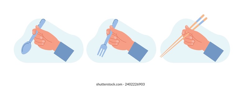 Hands holding chopsticks, spoon, fork. Eating food equipment. European and Asian cutlery. Menu decoration elements. dinner and lunch utensil. Cartoon flat style isolated vector set