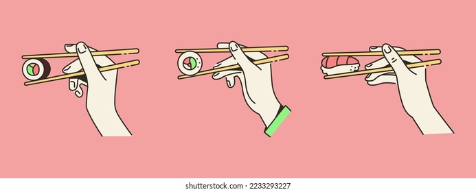 Manos sosteniendo palillos con rollo de sushi. Juego de vectores planos de dibujos animados.