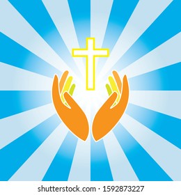 Hands holding christianity crucifix on blue sunshine background.