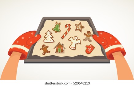 hands holding Christmas bakery gingerbread cookie tray. vector illustration