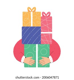 Hands holding a lot of Christmas gift boxes. The concept of congratulations for the winter holidays. Advertising web banner for Christmas