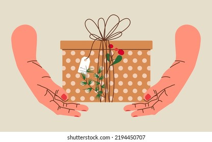 Hands holding Christmas gift in kraft paper with tag and berries. Present box in craft wrapping paper with bow and branches. Colored flat vector illustration isolated on beige background.
