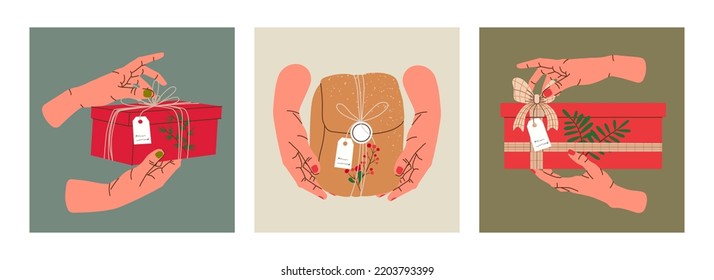 Hands holding Christmas gift in kraft paper with tag and berries. Present box in craft wrapping paper with bow and branches. Set of colored flat vector illustration isolated on background.