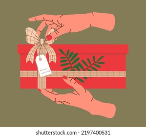 Hands holding Christmas gift in red kraft paper with tag and branches. Present box in craft wrapping paper with bow and branches. Colored flat vector illustration isolated on background.