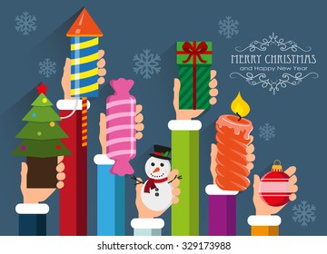 Hands holding Christmas and New Year symbols and gifts. Concept backgrounds for web design and flyers