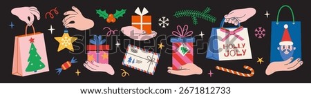 Hands holding Christmas presents in boxes and bags. Holiday shopping and gift set. Trendy modern vector illustration isolated on black background, hand drawn, flat design