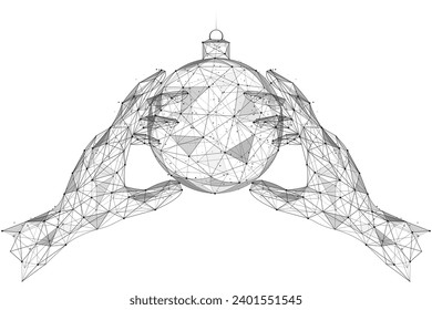 Hands holding a Christmas tree ball. Polygonal design of lines and dots.