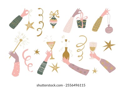 Hands holding a Christmas tree toy,  gift,  sparkler,  bottle of champagne, glasses. New Year and Christmas .Vector set on a white background