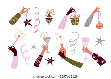 Hands holding a Christmas tree toy,  gift,  sparkler,  bottle of champagne, glasses. Hand draw. New Year and Christmas .Vector set on a white background