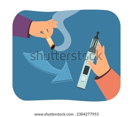 Hands holding cigarette and e-cigarette vector illustration. Person switching from regular smoking to vape or electronic smoking to kick habit. Smoke-free country, use of e-cigarettes concept