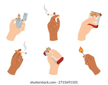 Manos sosteniendo cigarrillos. Representa el hábito de fumar, la adicción a la nicotina, el estilo de vida poco saludable y los temas sociales o médicos relacionados con el consumo de tabaco y los riesgos para la salud.