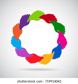 Hands holding in circle. Colorful hands logo concept design suitable for various youth, multicultural and business organization purposes.