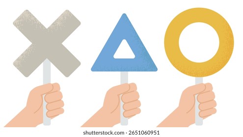 Hands Holding Circle, Cross, and Triangle Signs – Vector Illustration for Decision Making