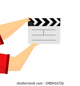 Hands holding clapper board or slate film on white background.