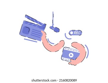 Hands holding a clapperboard for filming. Blogging concept. Element for presentations, applications and sites. Trendy flat vector illustration.