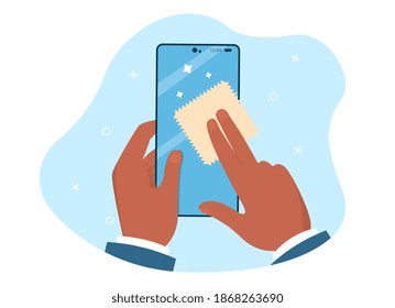 Hands are holding and cleaning mobile phone screen with a napkin. Napkin turns dirty surface with microbes into shining bright clean screen. Flat cartoon vector illustration