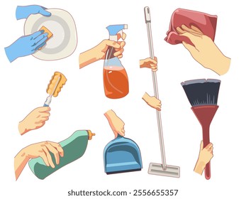 Hands holding cleaning products and tools. Housework elements, washing dishes in gloves, sweeping floor, dusting, different detergents, antibacterial sprayer, cartoon isolated vector set