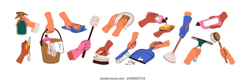 Hands holding cleaning tools, brush, cloth, wiper, scoop, washing sponge, detergent bottle. Clean home equipment, products, housework supplies. Flat vector illustration isolated on white background