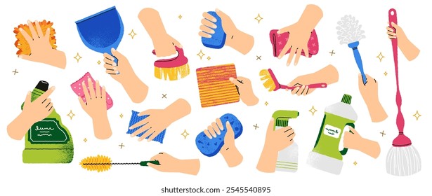 Hands holding cleaning tools. Cartoon woman housekeeper with brushes duster mop bucket gloves, vector housework equipment set.