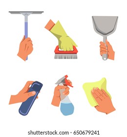 Hands holding cleaning tools and products vector poster