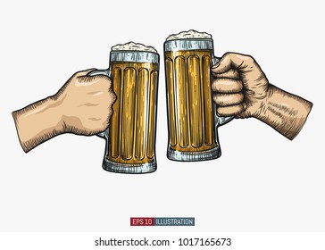 Hands Holding And Clinking Beer Glasses. Engraved Style. Hand Drawn Vector Illustration.