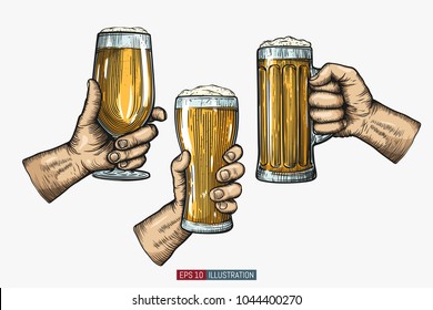 Hands holding and clinking beer glasses. Engraved style. Hand drawn vector illustration.