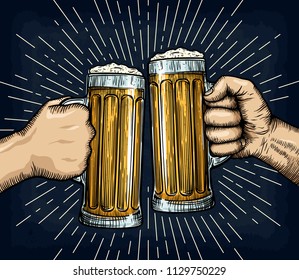 Hands holding and clinking beer glasses. Octoberfest banner design. Engraved style. Hand drawn vector illustration.