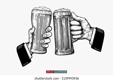 Hands holding and clinking beer glasses. Engraved style. Octoberfest symbol. Beer festival emblem. Hand drawn vector illustration. Template for yuor design works.