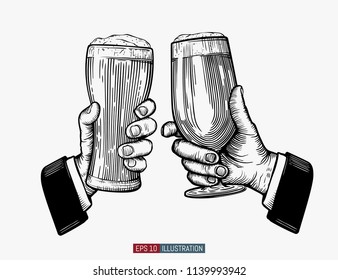 Hands holding and clinking beer glasses. Engraved style. Octoberfest symbol. Beer festival emblem. Hand drawn vector illustration. Template for yuor design works.