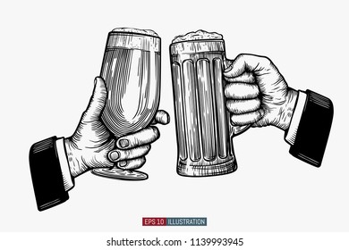 Manos sosteniendo y tintineando vasos de cerveza. Estilo grabado. Símbolo del Octoberfest. Emblema del festival de la cerveza. Ilustración vectorial dibujada a mano. Plantilla para sus trabajos de diseño.