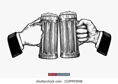 Hands holding and clinking beer glasses. Engraved style. Octoberfest symbol. Beer festival emblem. Hand drawn vector illustration. Template for yuor design works.