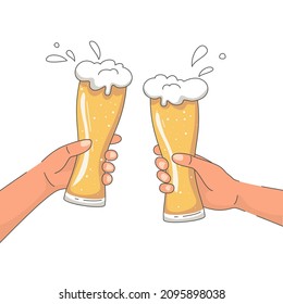 Hands holding and clinking beer glasses. Holiday octoberfest concept. Vector illustration.