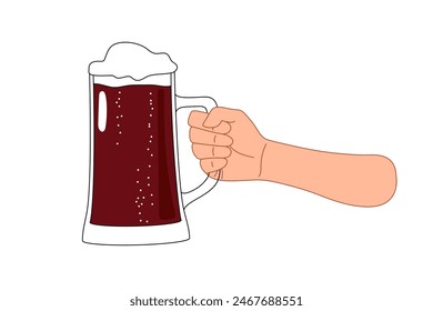 Hands holding and clinking beer glasses. Engraved style. Hand drawn vector illustration.