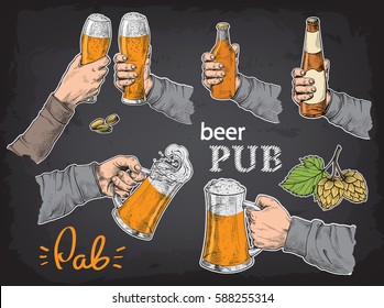 Hands holding and clinking with beer glasses mug in graphic style vector illustration