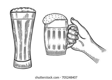 Hands holding and clinking with beer glasses mug in graphic style vector illustration