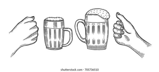 Hands holding and clinking with beer glasses mug in graphic style vector illustration