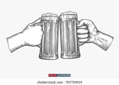 Hands holding and clinking beer glasses. Engraved style. Hand drawn vector illustration.