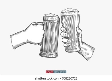 Hands holding and clinking beer glasses. Engraved style. Hand drawn vector illustration.