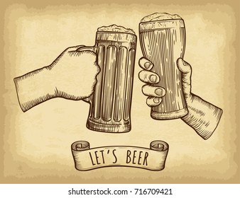Hands holding and clinking beer glasses. Old paper texture background. Engraved style. Hand drawn vector illustration.