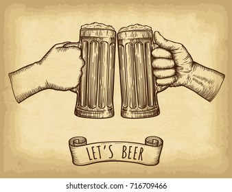 Hands holding and clinking beer glasses. Old paper texture background. Engraved style. Hand drawn vector illustration.