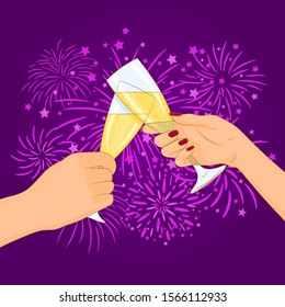 Hands holding and clinking with two glasses champagne