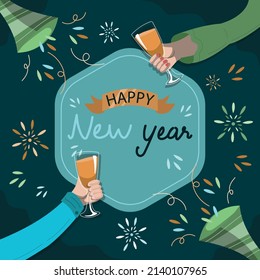 Hands holding and clinking with two glasses champagne