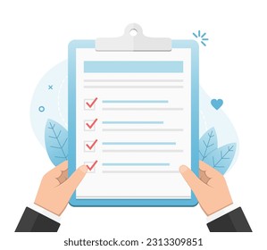 Hands holding clipboard with check list, vector eps10 illustration