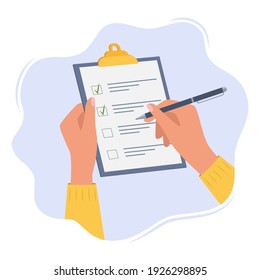 Hands holding clipboard with checklist with green check marks and pen. Human filling control list on notepad. Concept of Survey, quiz, to-do list or agreement. Vector illustration in flat style